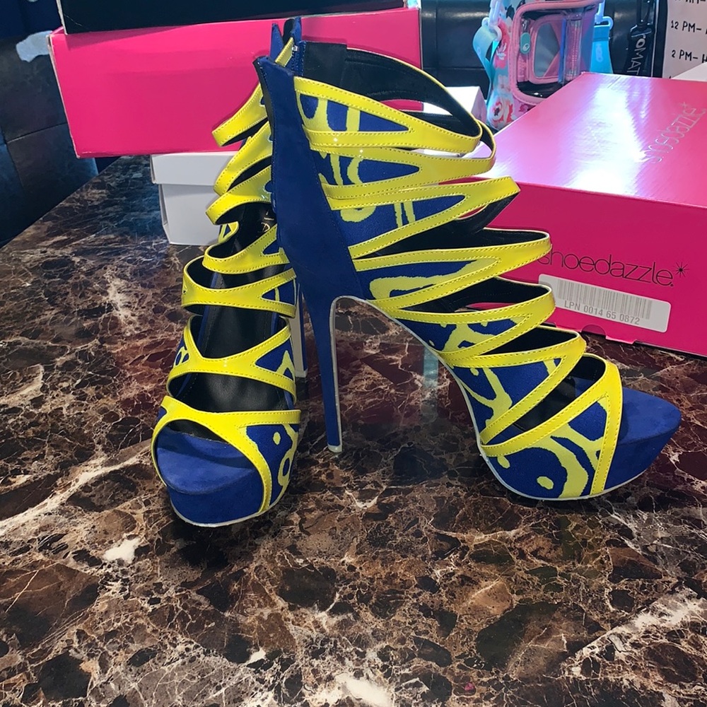 6in blue and yellow platform sandals